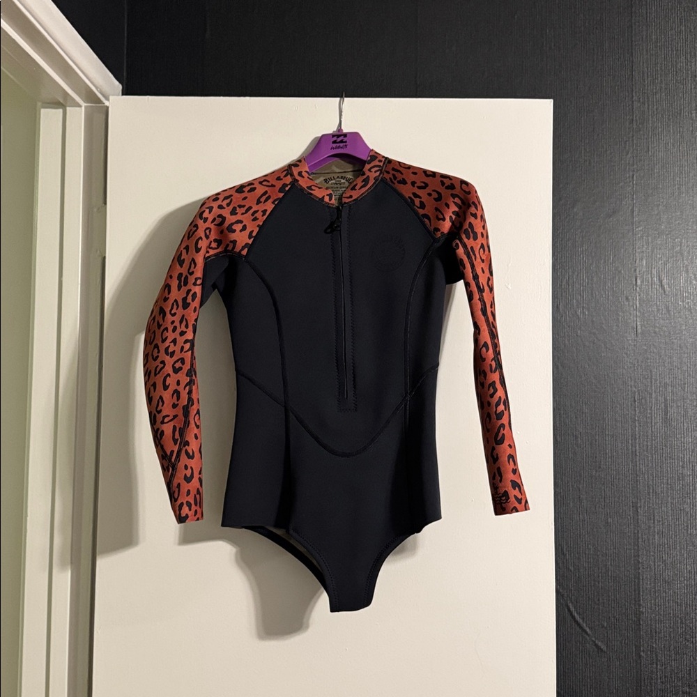 Billabong Black One-Piece with Rust Leopard Sleeves